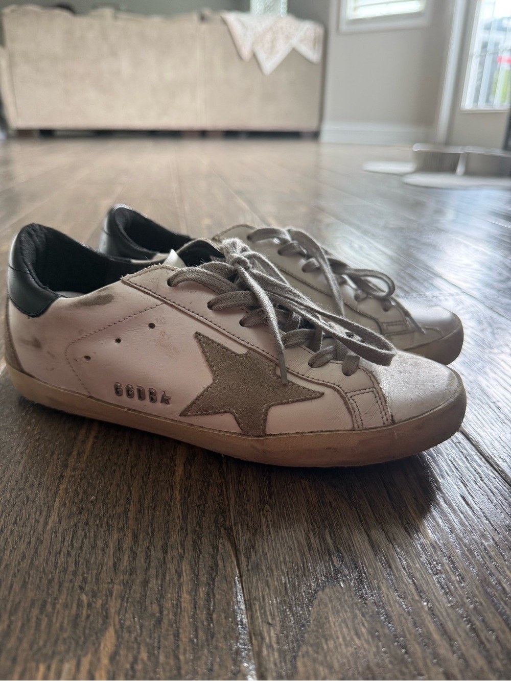 Golden Goose White Leather Sneakers with Gray Star and Black Heel Tab